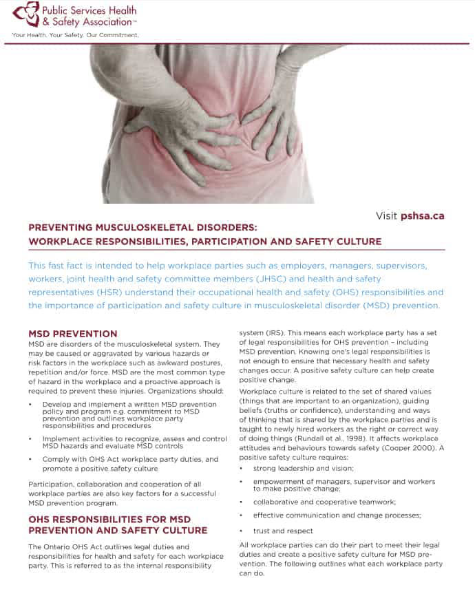 Public Services Health and Safety Association Preventing MSD