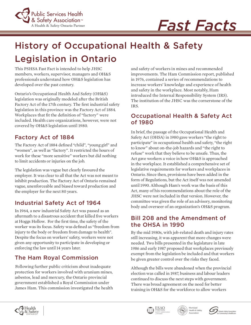Public Services Health and Safety Association History of Occupational