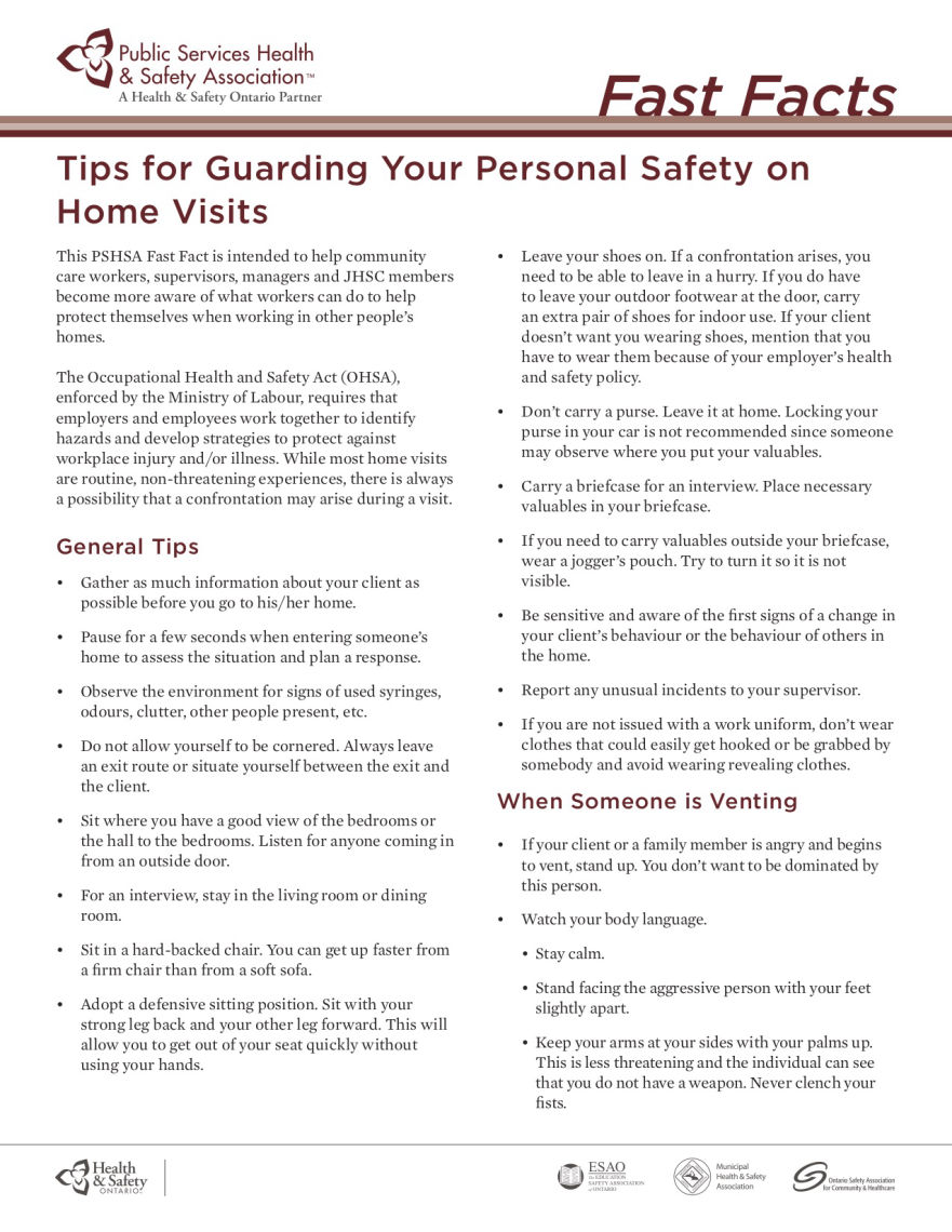 PSHSA Tips for Guarding Personal Safety on Home Visits