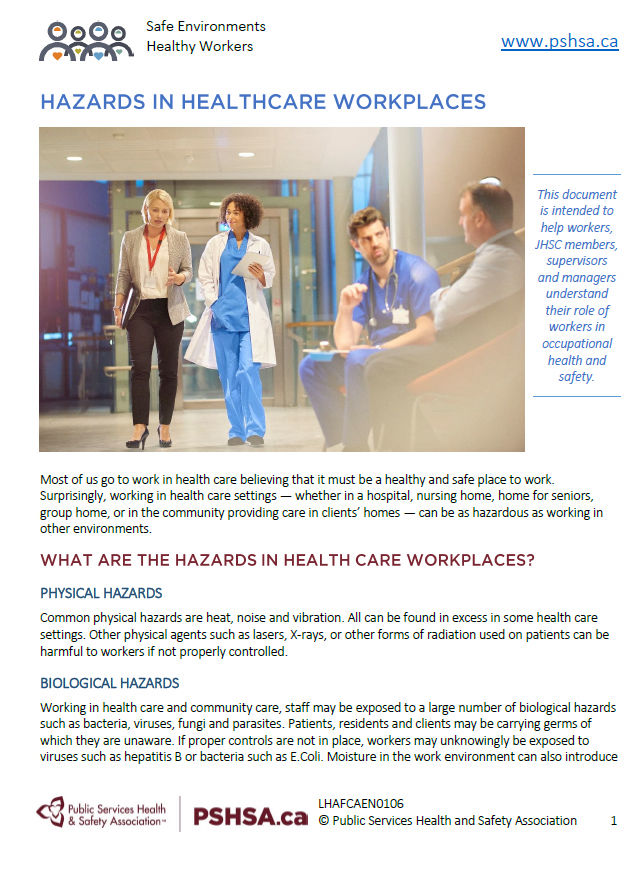 Public Services Health and Safety Association Hazards in Health Care